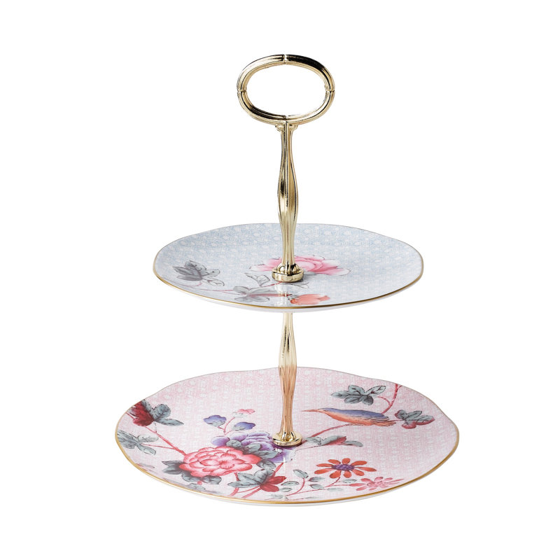Cuckoo Floral Ceramic Two-Tier Cake Stand with Gold Accents