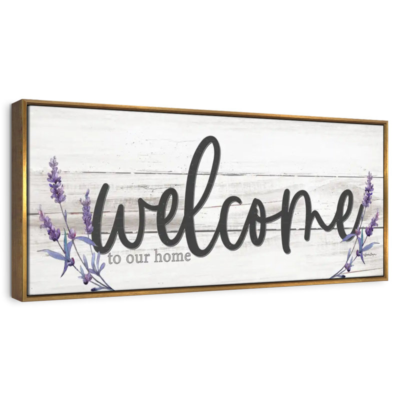 Plaque murale "Welcome to our home" lavande, Cadre flottant doré, 31 po x 11 po