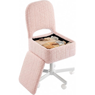 Grand tabouret de coiffeuse avec rangement et dossier rabattable, repose-pieds réglable en hauteur avec pivotement à 360 ° et roulettes silencieuses, tabouret de siège en molleton doux pour bureau de maquillage, rose