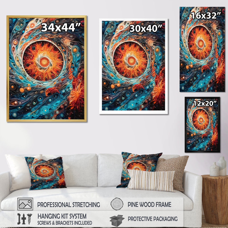 " Orange Turquoise Galactic Cosmic Universe ", Silver Picture Framed, 44" H x 34" W x 1.5" D