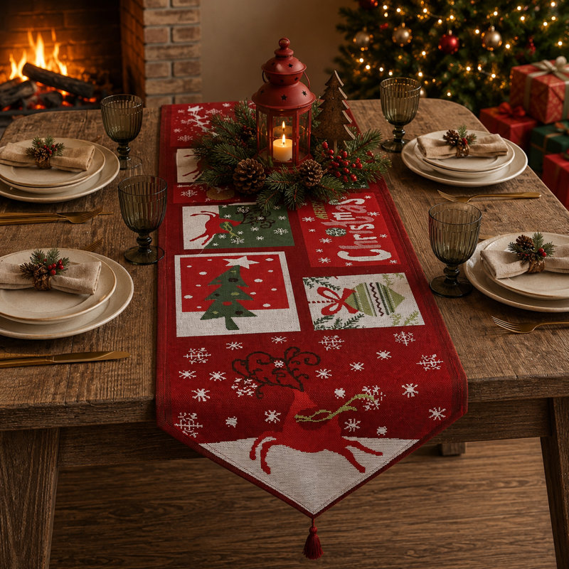 Chemin de table Holiday Patchwork Christmas - Chemin de table décoratif Merry Christmas