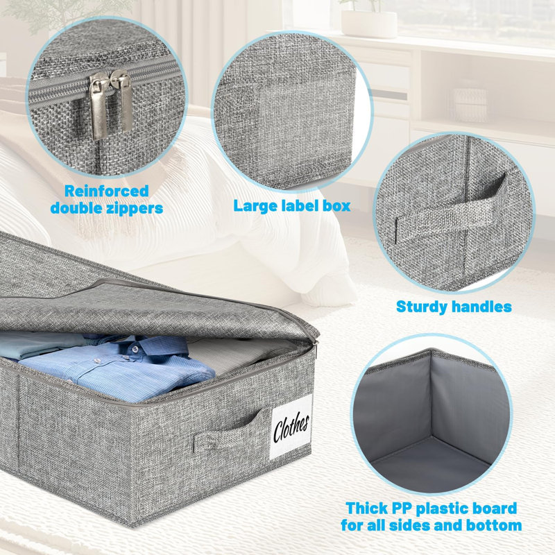 Ensemble de 2 bacs de rangement sous le lit, organisateur de rangement de vêtements pliable à profil bas avec tissu ultra épais et fond / côtés robustes, boîte de rangement à double fermeture à glissière pour le dortoir et la maison