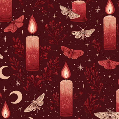 Papier peint gothique à peler et coller avec des bougies rouges foncées mystiques Moths Crescent Moons l 17,7 po x H 118 po