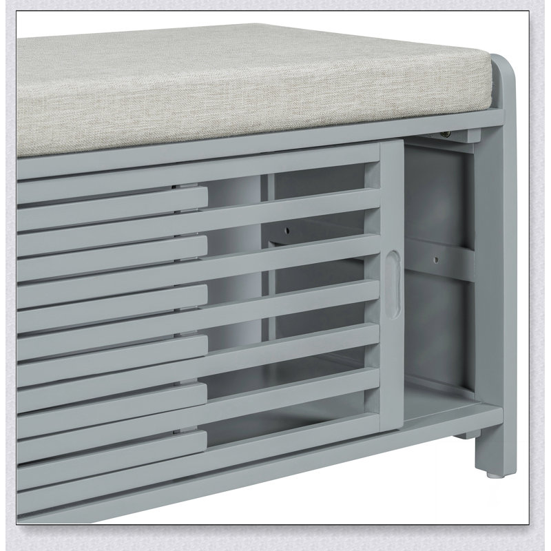 Distressed Shutter Storage Bench with Acacia Veneer for Retro Charm for Living Room, Entryway (Grey)