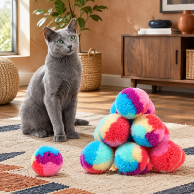Ensemble de 30 balles en peluche arc-en-ciel pour chat, balles pompon douces et duveteuses de 3 cm pour le jeu et l'exercice des chatons