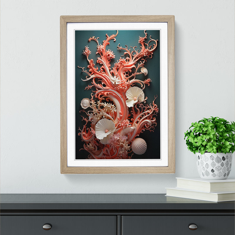 Coral Baroque - Single Picture Frame Print on Wood, 46cm H x 34cm W x 2cm D, Oak Framed