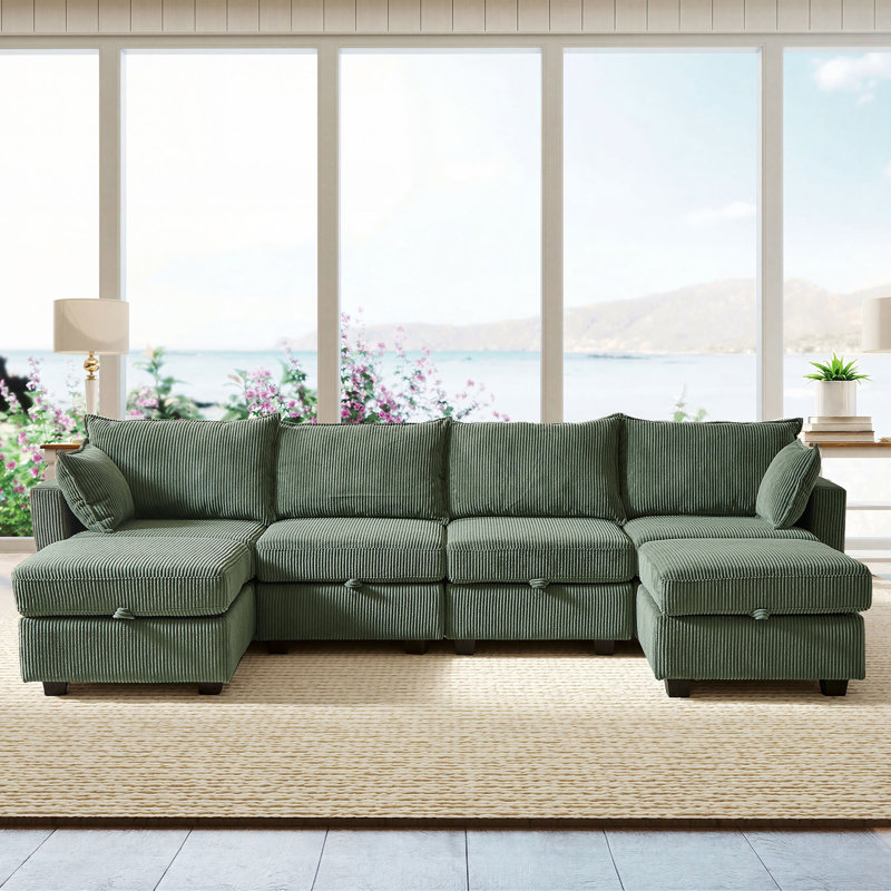 Canapé modulaire en velours côtelé de 114 po avec sièges de rangement cachés pour salon moderne, Velours côtelé vert