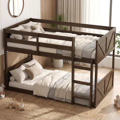 Black Twin over Twin Floor Bunk Bed, Solid Rubber Wood Frame with Paneled Headboard & Footboard, Built-in Ladder and Protective Guardrails for Guest & Dorm Use