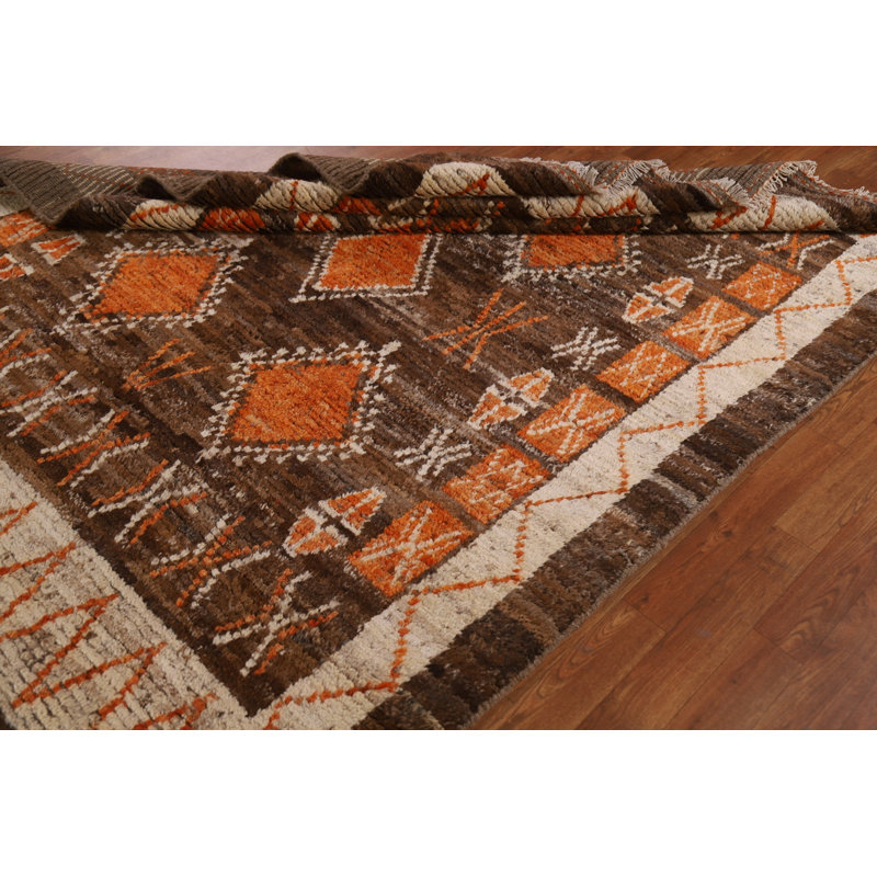 Tapis brun en laine noué à la main de conception unique 5 pi 9 po x 7 pi 9 po New Age