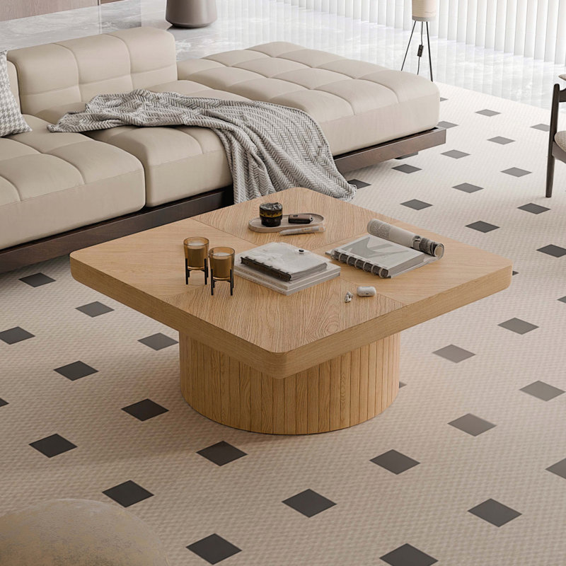 Table basse carrée avec plateau en placage de bois et base cylindrique - noyer, 34,6 po, Bois naturel