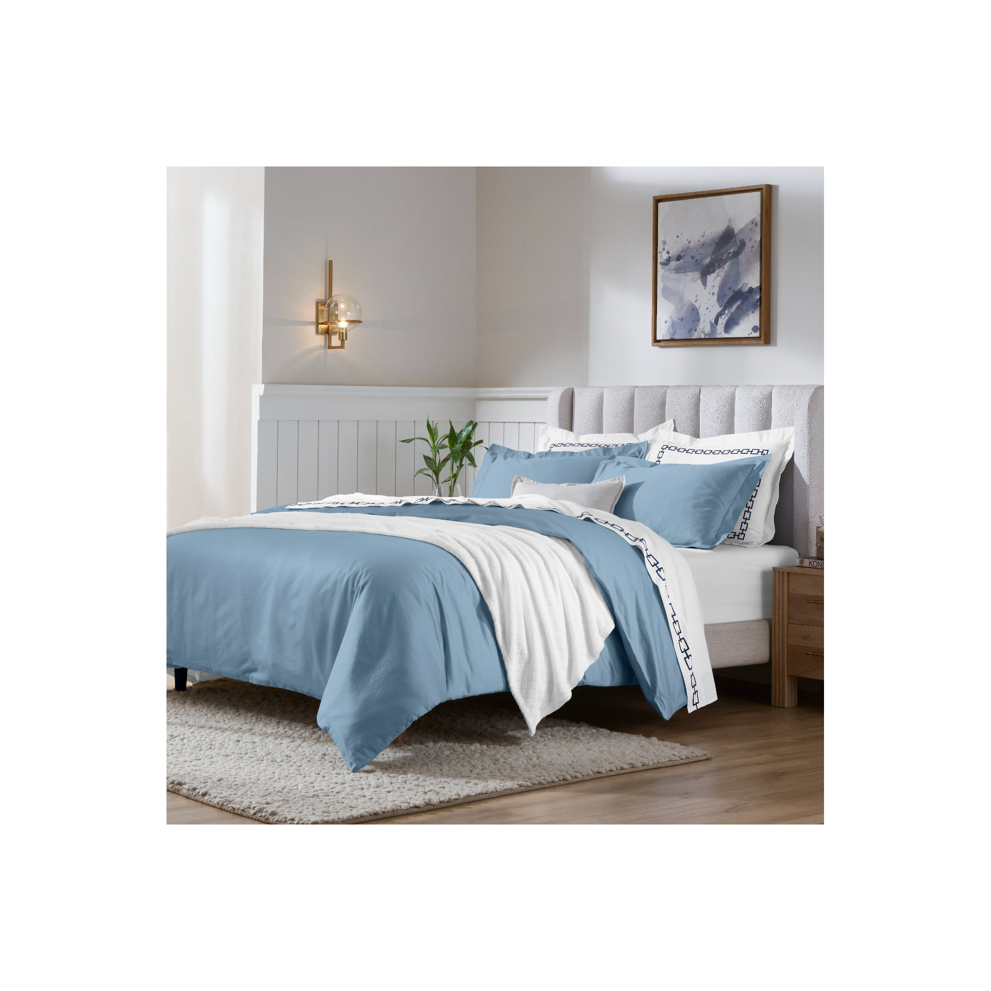 Cotton Duvet Cover Set, King/California King Duvet Cover + 2 King Shams, Medium Blue