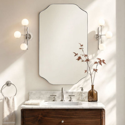 Kudi Scalloped Polished Nickel Bathroom Mirror Decorative Silver Metal Framed Irregular Bathroom Vanity Mirror Wall Mounted 30 x 20''