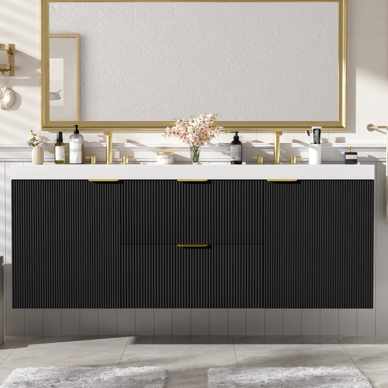 Ensemble de meuble-lavabo mural 59,3 po avec lavabo double T SMC et tiroirs divisés, Black