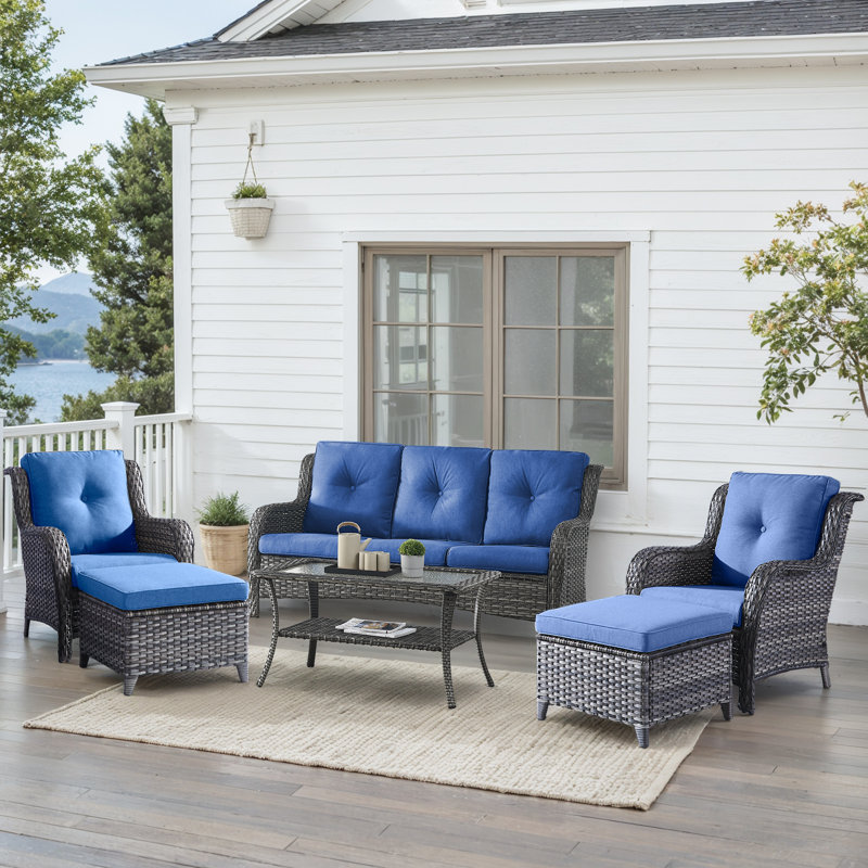 Carolina 5-Person Square Outdoor Conversation Set With 3-Seat Sofa And Armchair, Blue