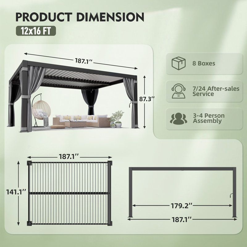 Pergola d'extérieur en aluminium VIWAT avec toit à persiennes réglable, rideaux d'intimité et filet, 16 x 12 pi