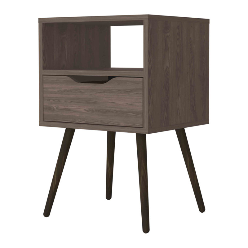 Table de chevet, plateau supérieur, tablette ouverte, un tiroir, Brun