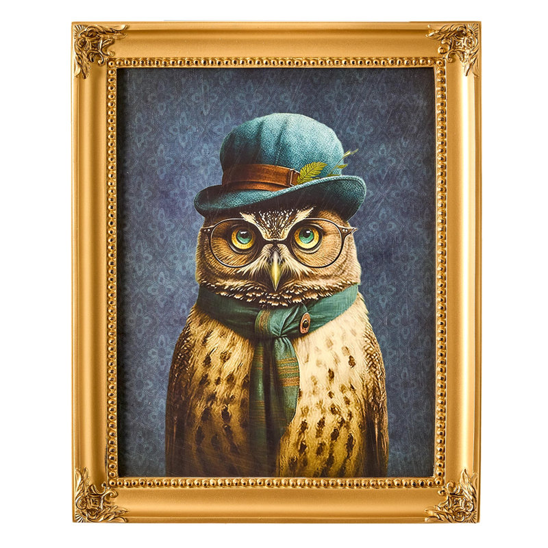 Owl in Hat and Glasses Vintage Portrait Gold Ornate Framed Wall Art - Gentlemen's Bar Theme Decor