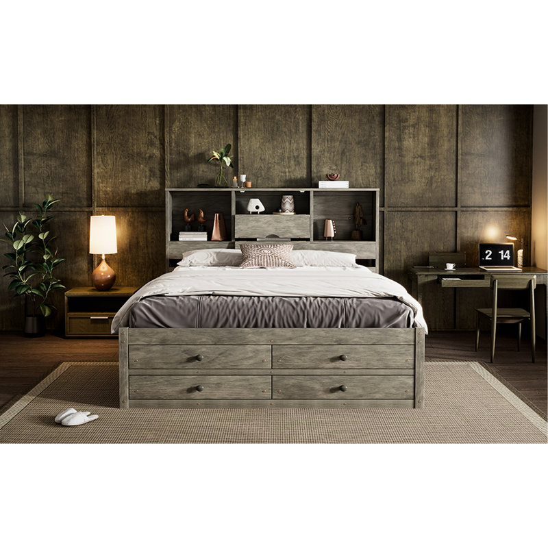 Grand lit plateforme gris avec tête de lit à rangement et 8 tiroirs, construction en bois massif, sans sommier, support pour faciliter la chambre à coucher