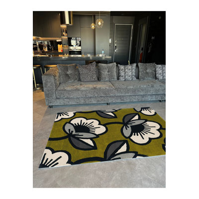 Tapis lavable à motif floral vert olive