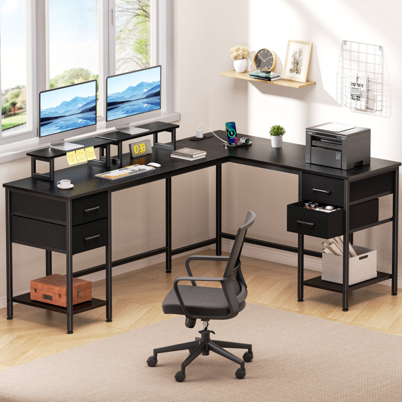 66” L-Shaped Computer Desk with Power Outlet, 29.1" H x 66.1" W x 47.2" D, Black