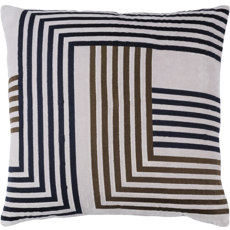 Intermezzo Cotton Striped Throw Pillow, Down/Feather, Light Gray/Dark Brown/Navy, 18" H x 18" W x 4" D