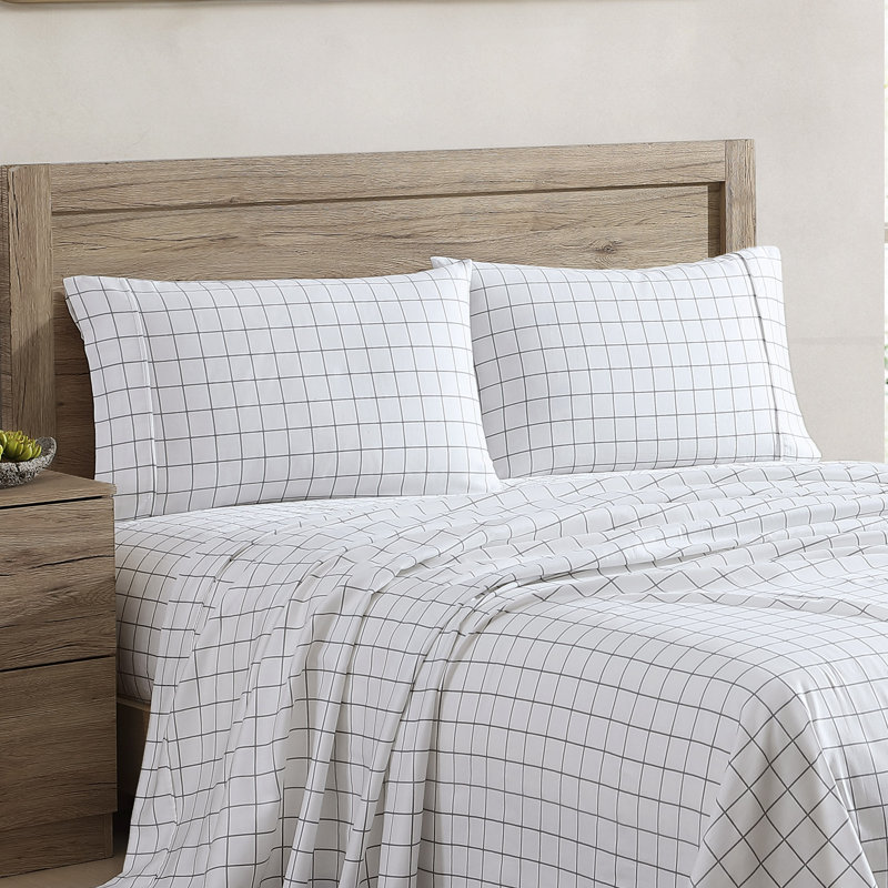 Keima 300 Thread Count Plaid 100% Cotton Sateen Sheet Set, California King