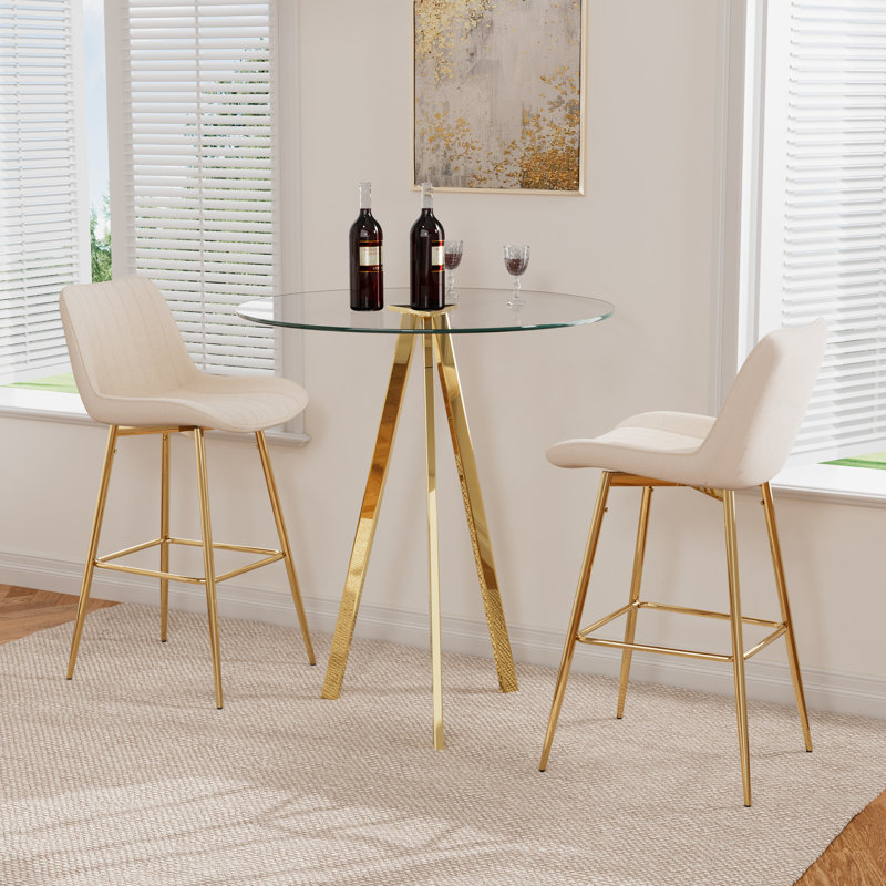 3 Piece Pub Table and Velvet Fabric Pedestal Bar Stool Dining Set (Set of 3), Cream/Gold