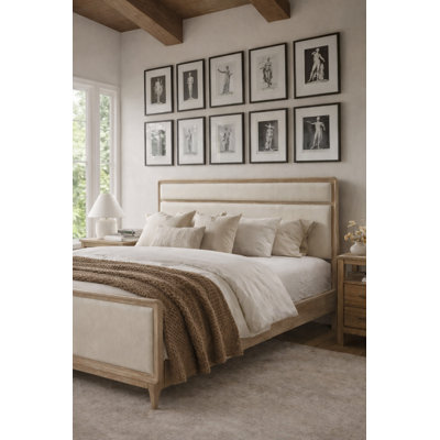 Solara Chenille Upholstered Panel Bed · Oak Veneer Frame