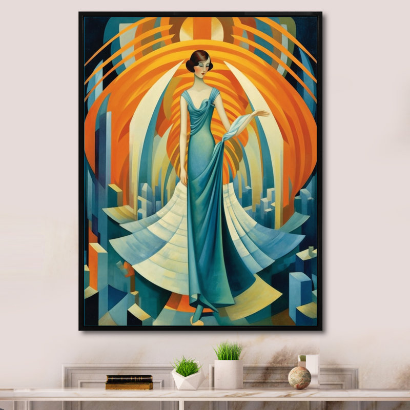 Art Deco Cosmopolitan Gracieuse danseuse en bleu - mode femme, reproduction sur toile encadrée, H 32 po x l 16 po x P 1 po