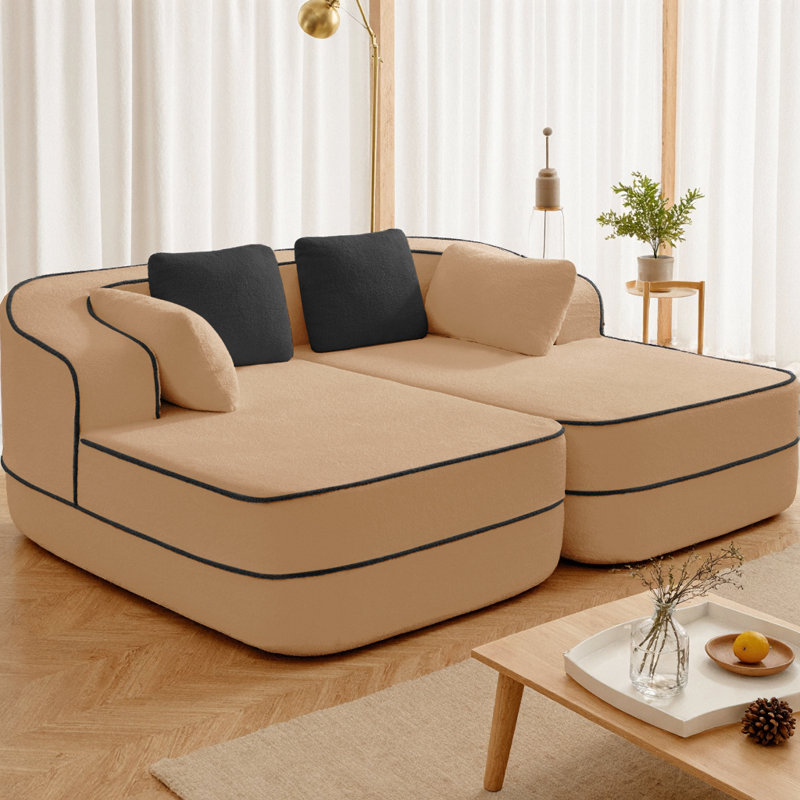 Canapé 77,2 po en tissu Teddy sans assemblage avec double chaises, canapé-lit 32D haute densité en éponge, sensation de nuage moelleux, couleur contrastante et design symétrique