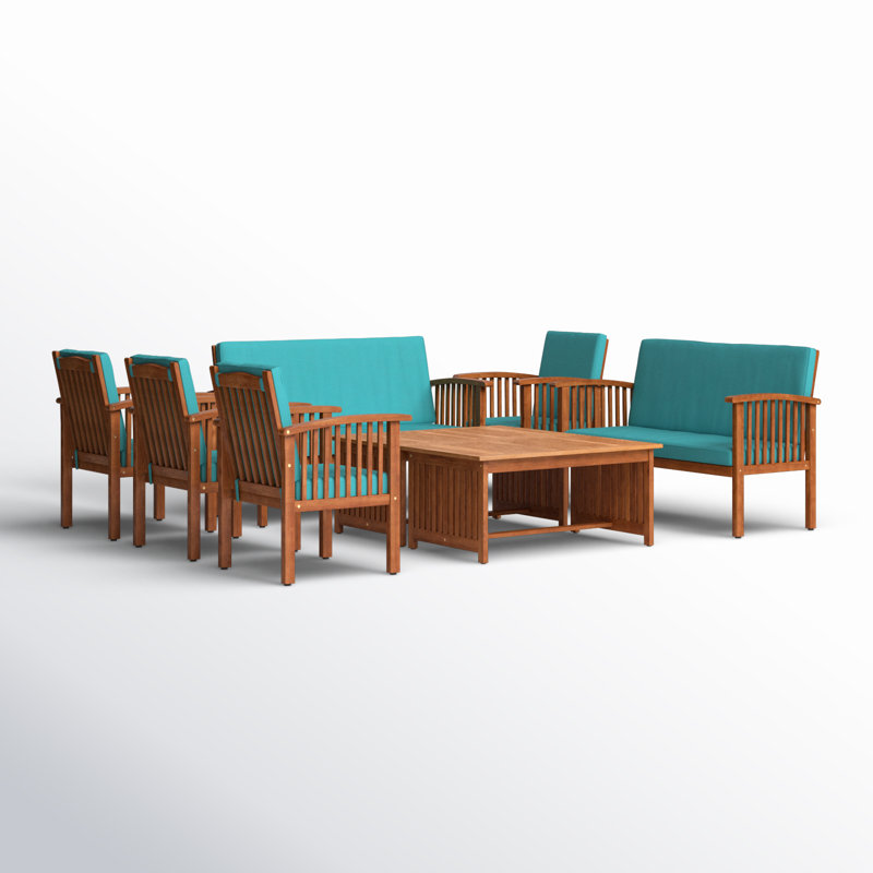 Ensemble de conversation avec canapé 8 pièces Amorae, Cadre naturel / coussin bleu sarcelle