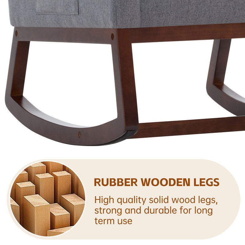 Chaise berçante pour chambre de bébé, chaise berçante coulissante en lin avec poche latérale et pieds en bois, chaise d'appoint moderne pour petit espace, salon, chambre à coucher, gris