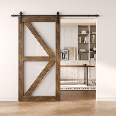 30x80 Dark Walnut Color Arrow Pattern Glass Design Finished Unassembled Solid Wood Sliding Barn Door Only