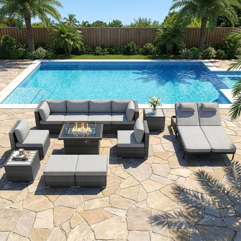 Deep Seating Outdoor Conversation Sectional Furniture Set With Fire Pit And Double Chaise Lounge, Light Gray, Double Chaise