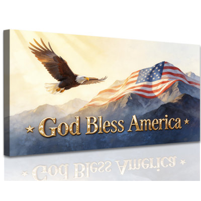  American Flag Wall Art Rustic Eagle Prints, Vintage Patriotic Canvas Wall Decor Serene Mountain Artwork, Ready to Hang Farmhouse Painting for Gallery Independence Day, 28x58 inches