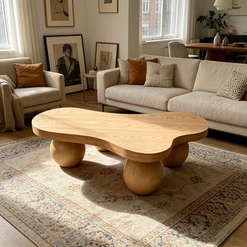 Table basse 46 po moderne en forme de nuage avec 3 pieds sphériques, construction stable, à utiliser dans le salon, un appartement et un petit espace, brun