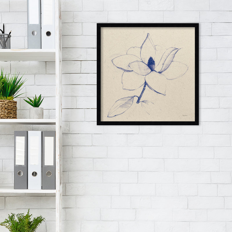 Modern Vintage Floral II Indigo by Everlean - Single Picture Frame Print, Black, 21" H x 21" W x 1" D