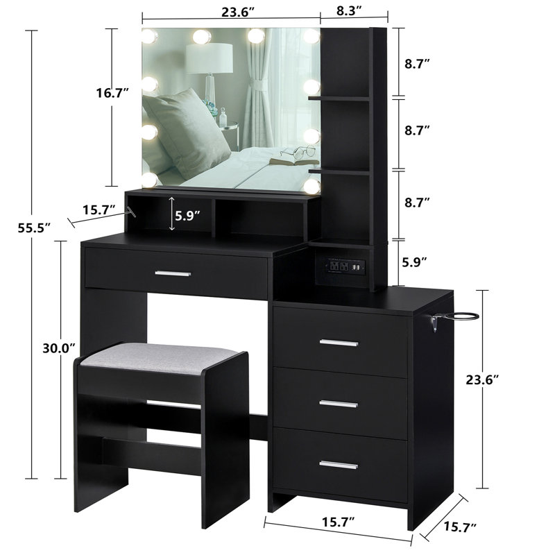 Ensemble de coiffeuse avec tabouret et miroir Dannyell, Noir