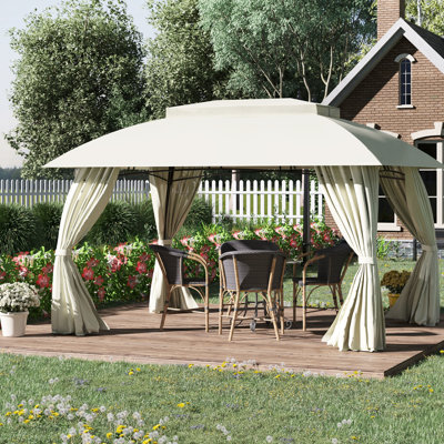 Pavillon de jardin 10 'x 13', toit en arc à double aération, structure en acier robuste, parois latérales de rideau beige pour abat-jour extérieur dans la pelouse, pavillon de jardin avec abri de jardin