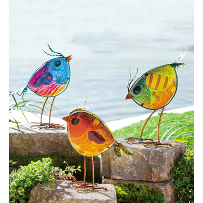 Indoor/Outdoor Iridescent Glass and Metal Bird Statues, Set of 3