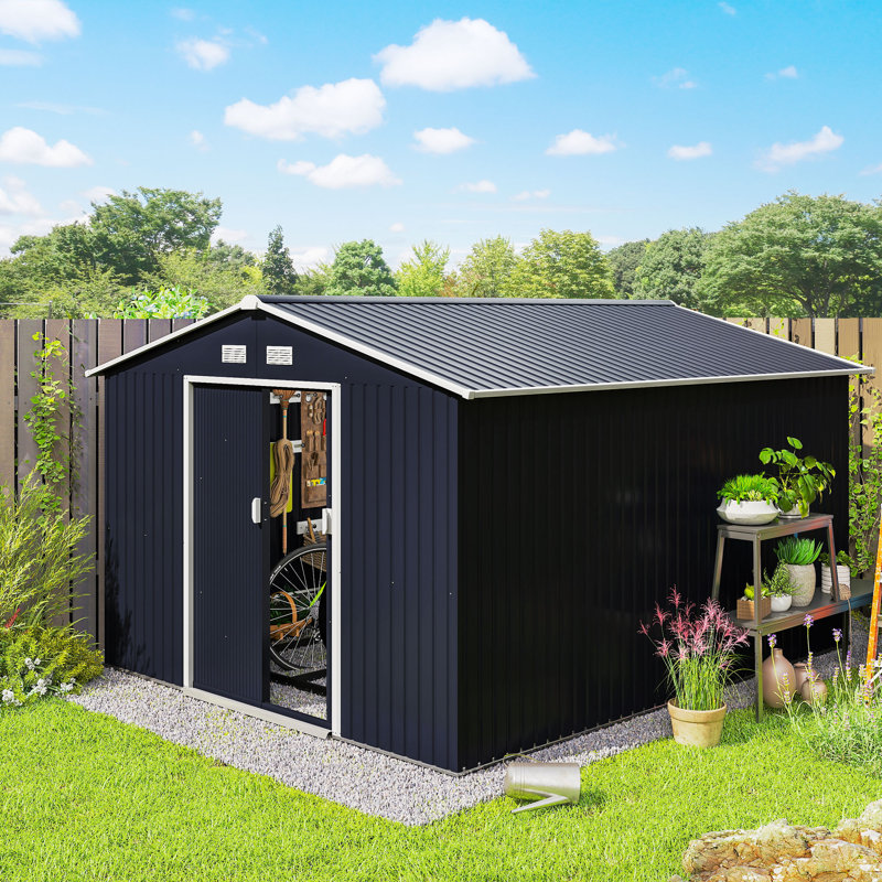 Remise de rangement extérieure de 11 pi x 9 pi Outsunny, remise en métal pour outils de jardin avec trousse de fondation, double porte verrouillable, bouches d'aération et toit incliné, pour cour arrière, patio, pelouse, gris foncé
