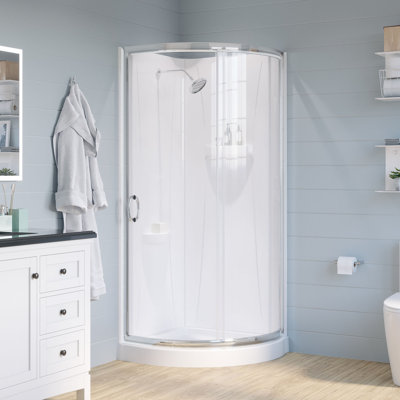 Ensemble de douche en coin en nickel satiné, porte coulissante transparente, murs et casserole L 35 po x l 35 po x H 76,18 po Breeze