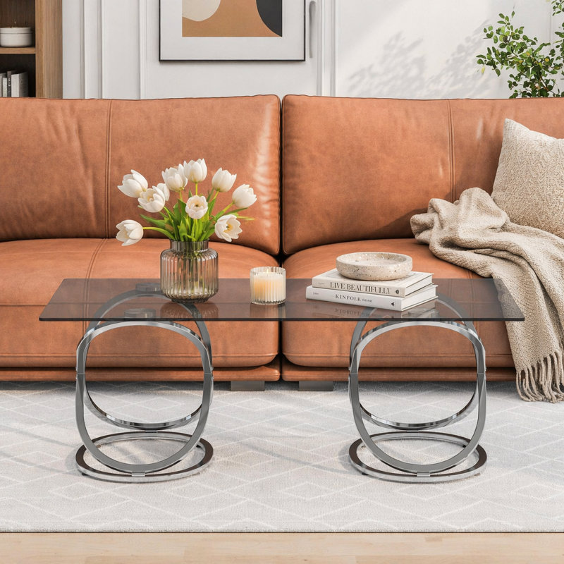 Rectangle Tempered Glass Coffee Table, Gray / Silver