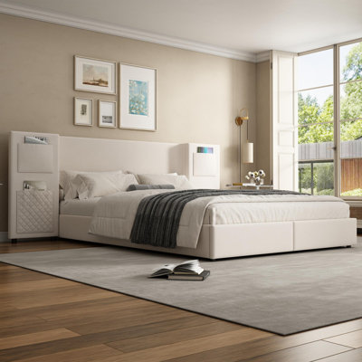 Upholstered Bed With Two Drawers Velvet Beige