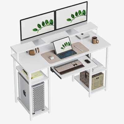 Office Desk With Monitor Stand And Storage Shelves, Computer Desk With Keyboard Tray, Gaming Desk