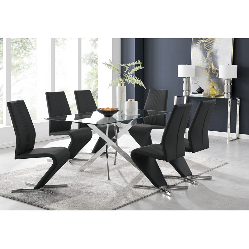 Lenworth Modern Chrome Metal and Glass Dining Table Set with 6 Luxury Faux Leather Dining Chairs, Black