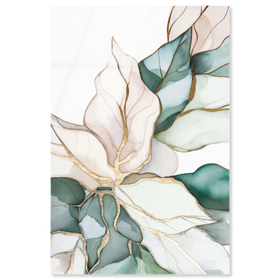 «Pastel Leaves with Gold II», art floral élégant par Art Remedy, prêt à être accroché
