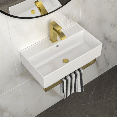 21"x12" Wall-Mounted Rectangular Ceramic Bathroom Sink with Gold Towel Bar & Overflow, Gold Faucet