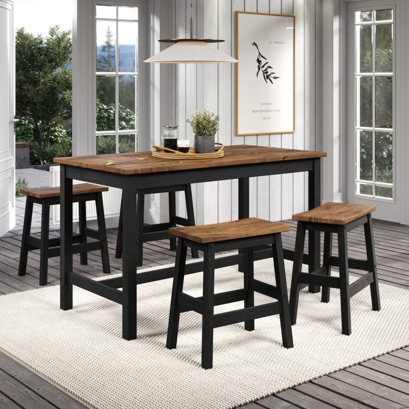 Table de salle à manger en bois et 4 tabourets Delja | August Grove®, Chêne foncé / noir, Noir, noir, noir, noir