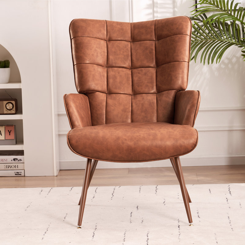 Shaftsbury Tufted Wingback Chair, Brown Faux Leather, Brown